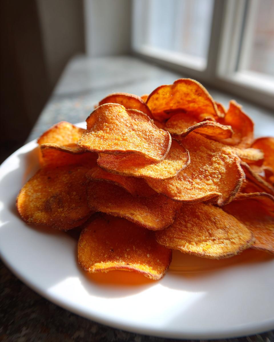 A close-up of a pile of crispy, orange sweet potato chips stacked on a white plate near a window.