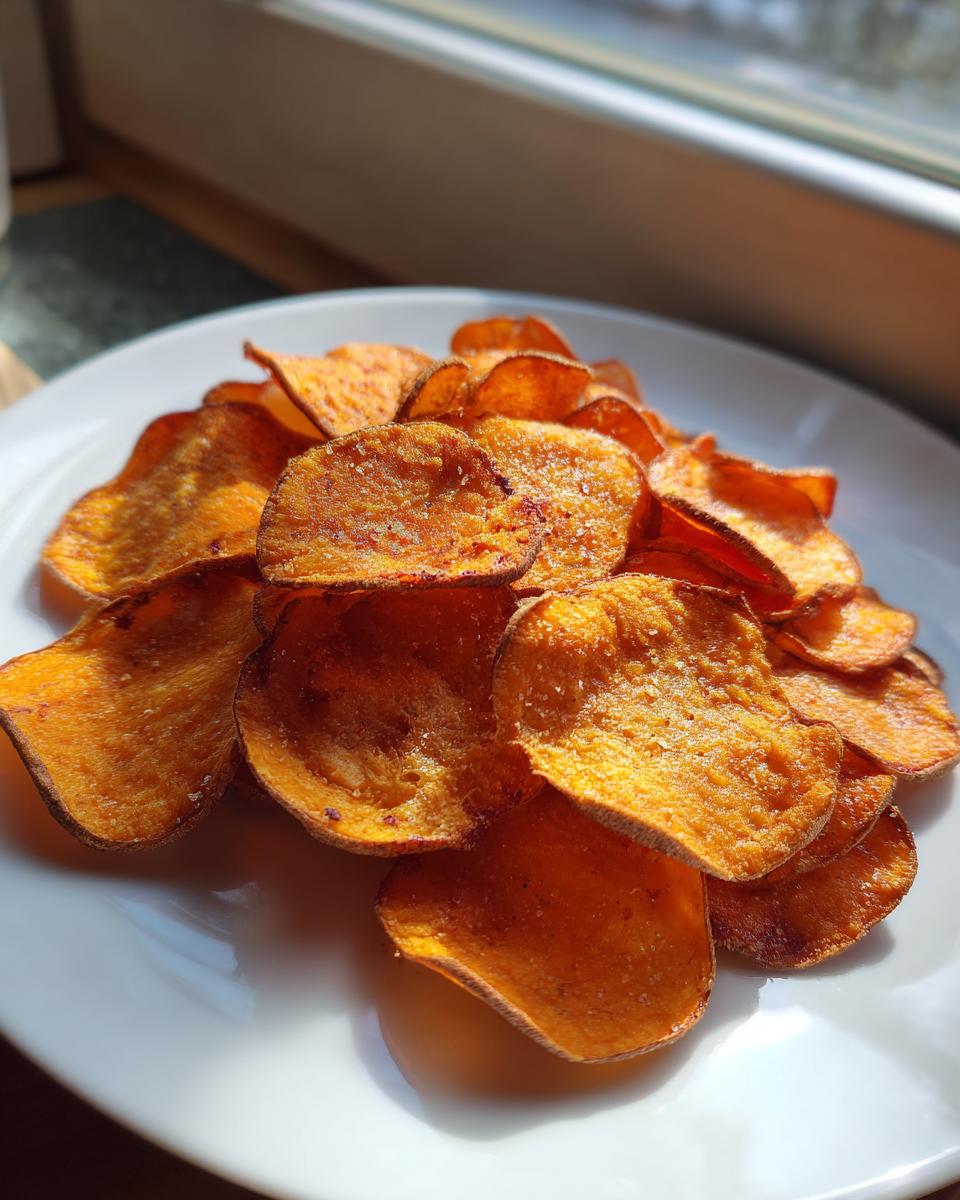 A pile of freshly made, perfectly orange sweet potato chips sprinkled with salt, sitting on a white plate near a sunny window.