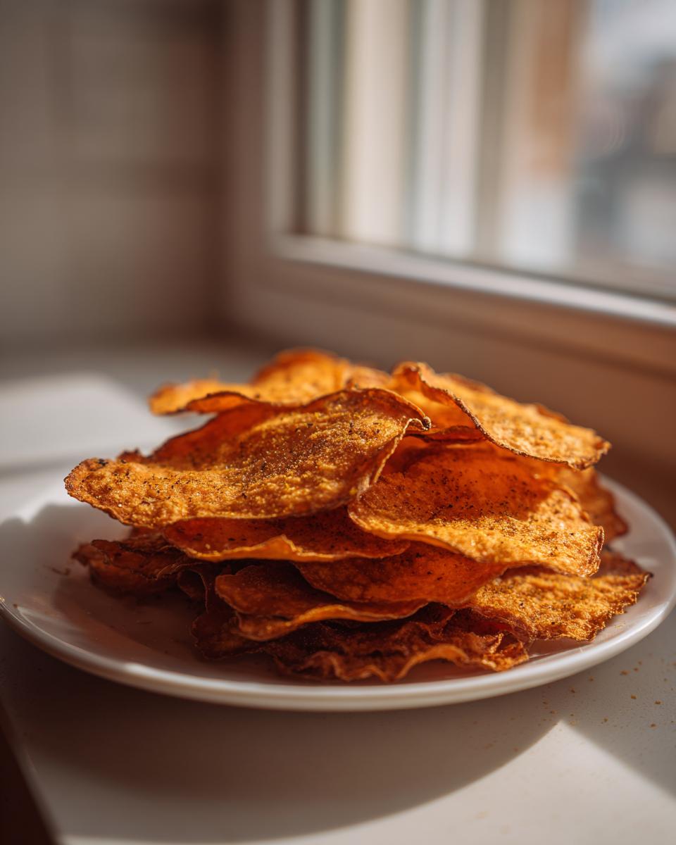 A tall stack of crispy, seasoned sweet potato chips piled high on a small white plate near a window.