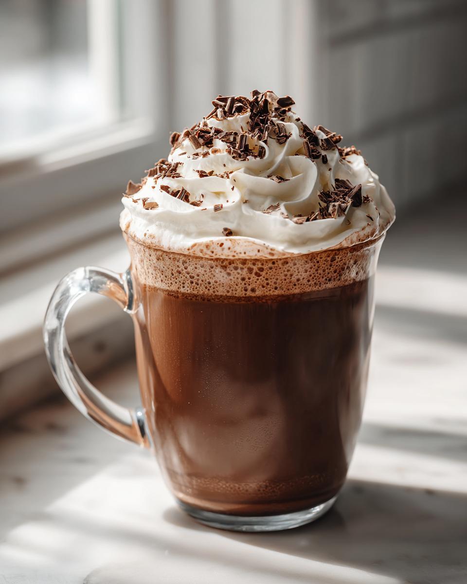 A glass mug filled with rich crockpot hot chocolate, topped with whipped cream and chocolate shavings.