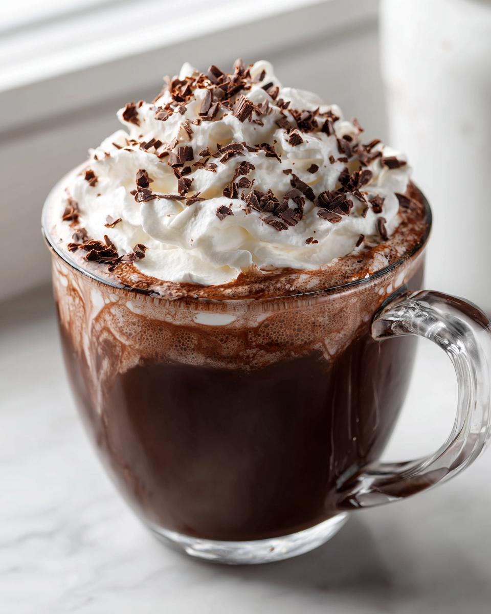 Close-up of a glass mug filled with rich crockpot hot chocolate, topped with whipped cream and chocolate shavings.