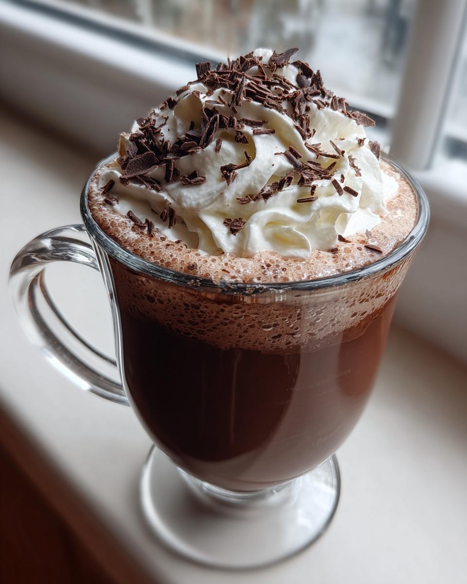 A clear glass mug filled with rich, dark crockpot hot chocolate topped with whipped cream and chocolate shavings.