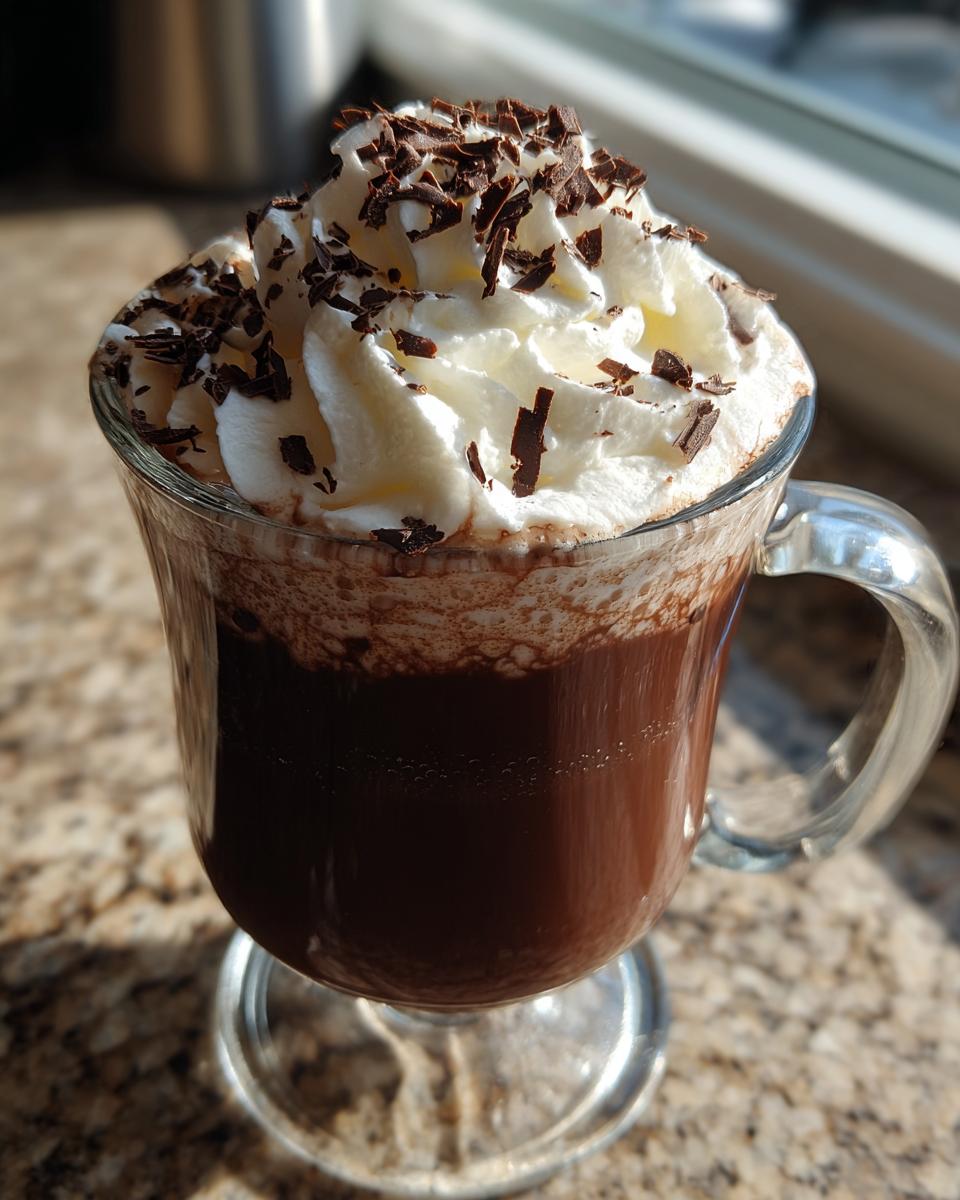 A glass mug filled with rich crockpot hot chocolate, topped with whipped cream and chocolate shavings.