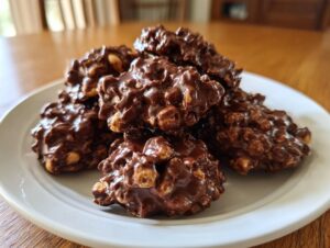 A pile of rich, glossy chocolate crockpot peanut clusters resting on a white plate.