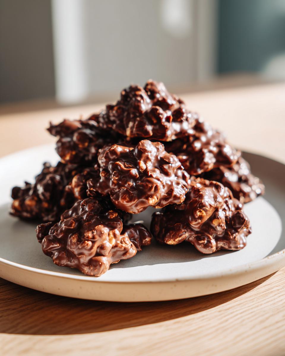 A tempting pile of glossy, chocolate-covered crockpot peanut clusters stacked on a light ceramic plate.