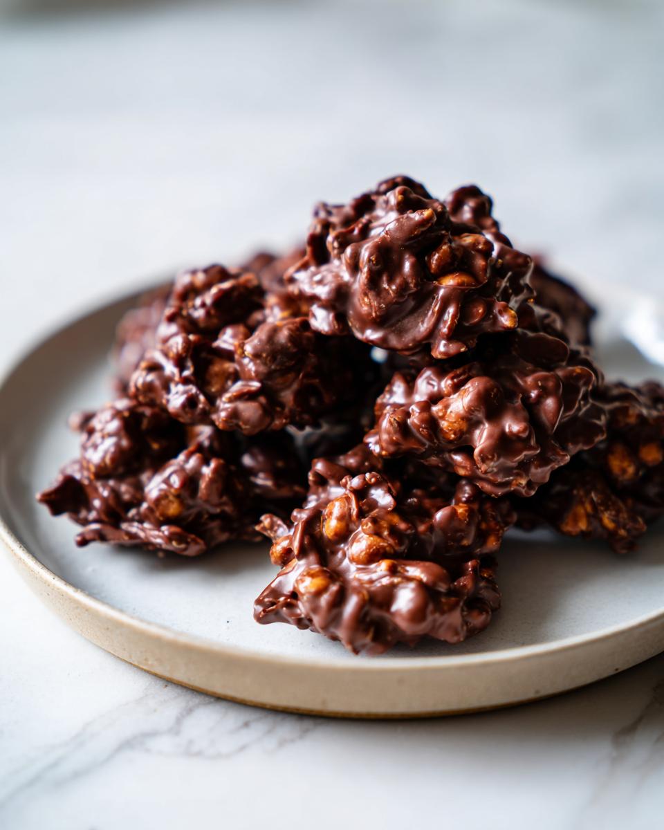 A stack of glossy, dark chocolate crockpot peanut clusters piled high on a light ceramic plate.