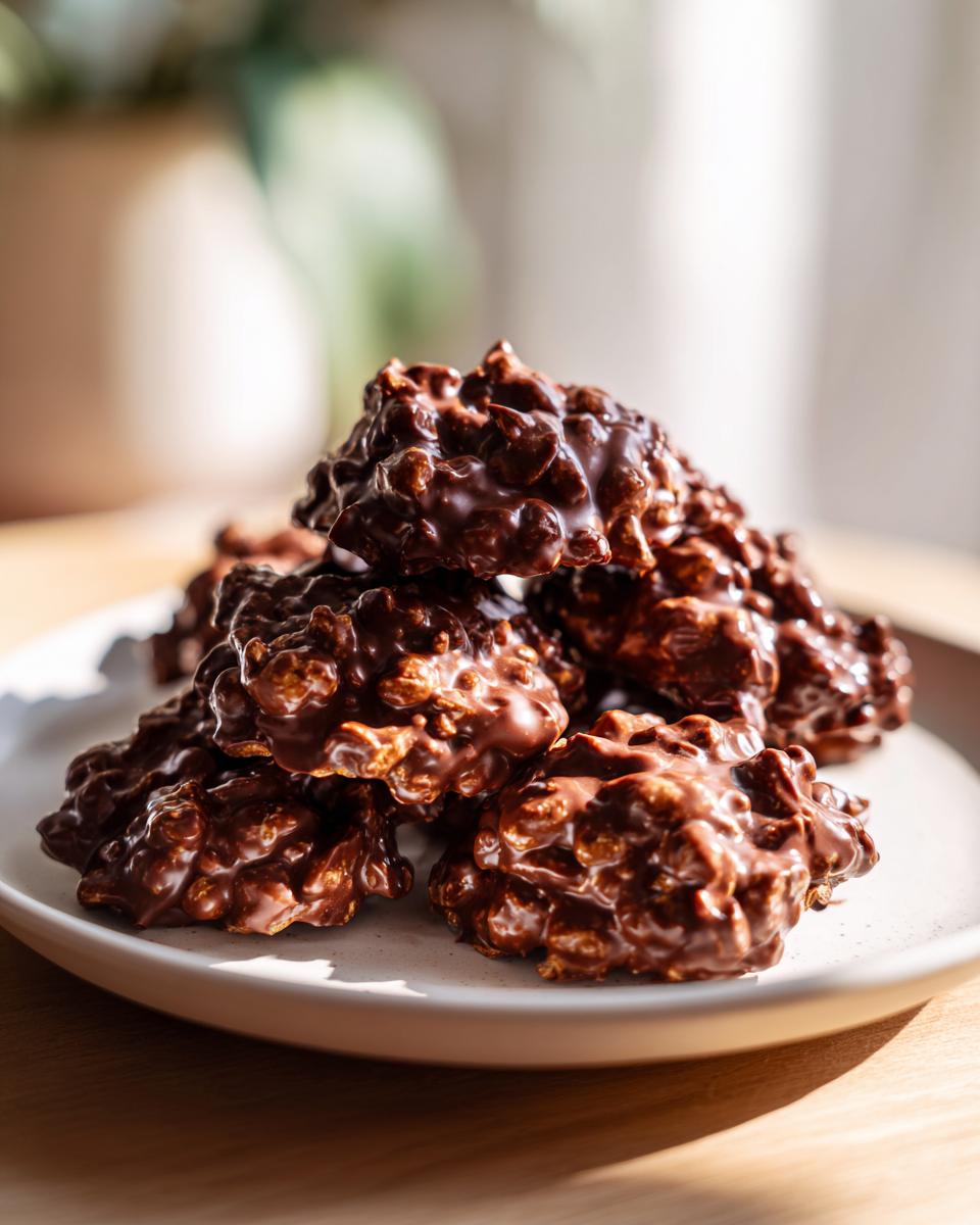 A stack of glossy, chocolate-covered crockpot peanut clusters piled high on a light-colored serving plate.