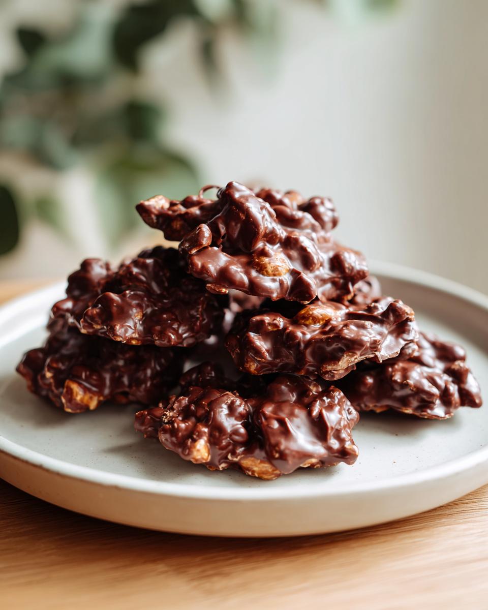 A stack of rich, glossy chocolate crockpot peanut clusters piled high on a light gray plate.