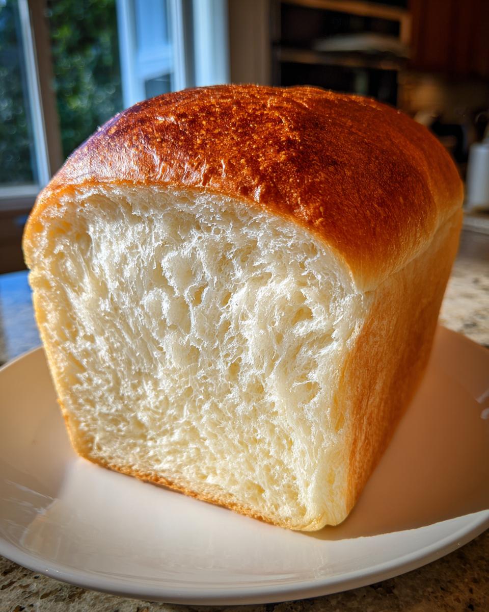 A close-up of a freshly baked Japanese milk bread loaf, showing its incredibly soft, white crumb and golden-brown crust.