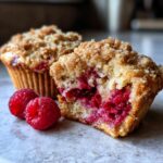 Close-up of a halved raspberry muffins showing juicy berries inside, next to two fresh raspberries.