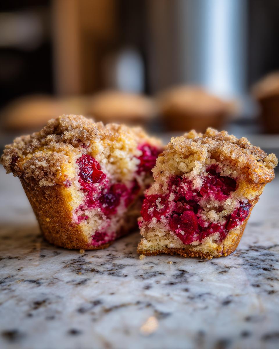 A close-up of a raspberry muffin cut in half, showing the moist interior packed with bright red raspberries and a sugary crumb topping.