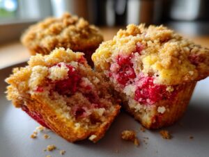 A raspberry muffin cut in half showing juicy raspberries inside, topped with a golden crumb topping.