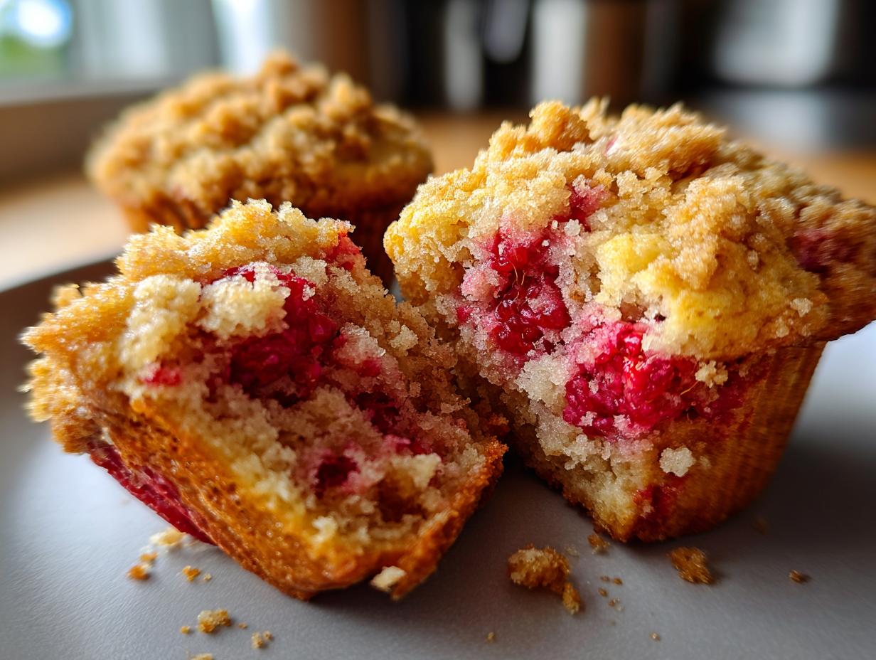 A raspberry muffin cut in half showing juicy raspberries inside, topped with a golden crumb topping.