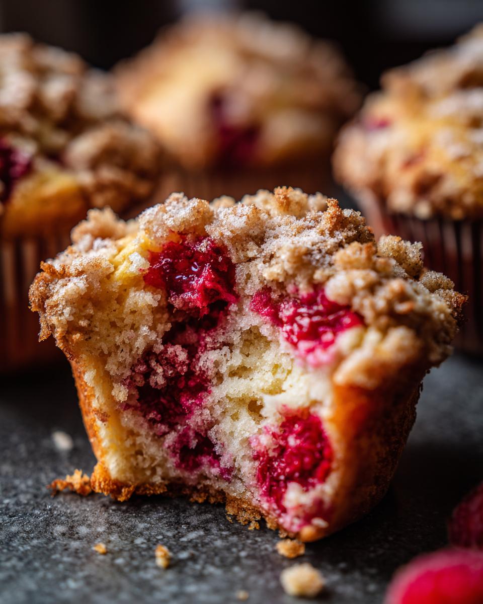A close-up, cross-section view of a crumb-topped raspberry muffin showing moist cake and bright red raspberries.