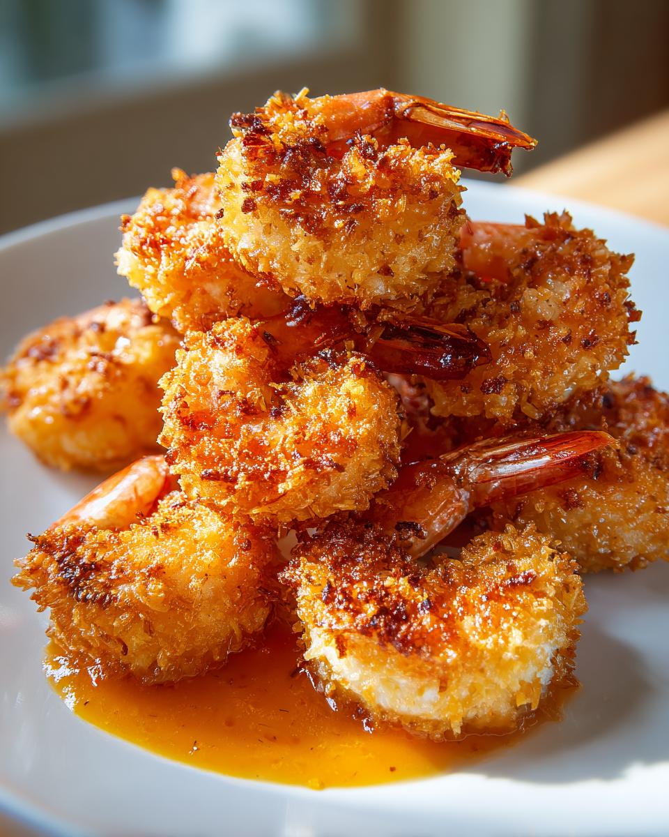 A stack of golden brown, crispy coconut shrimp resting in a pool of orange dipping sauce on a white plate.