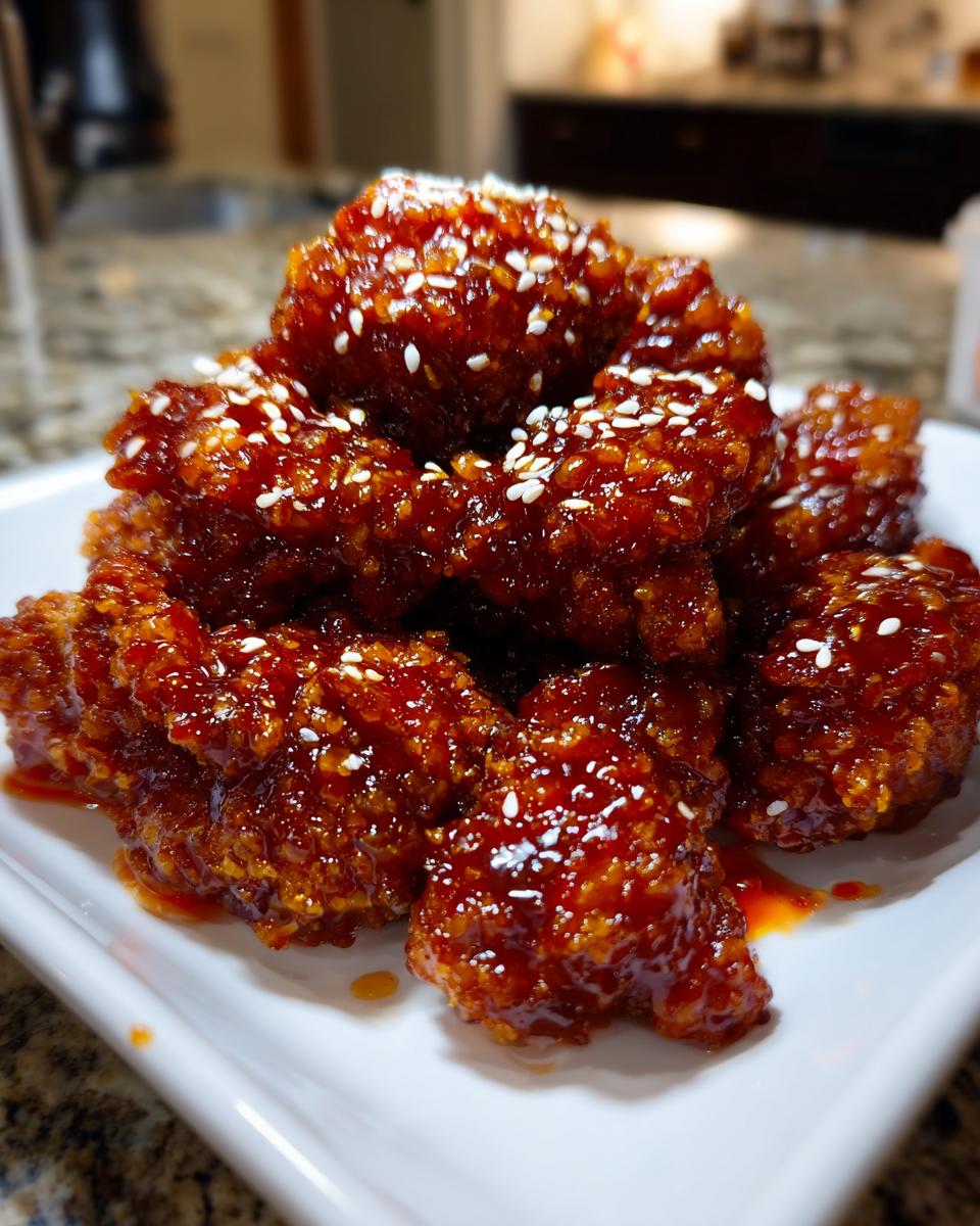 Close-up of crispy korean fried chicken pieces coated in a thick, glossy red sauce and sprinkled with sesame seeds.
