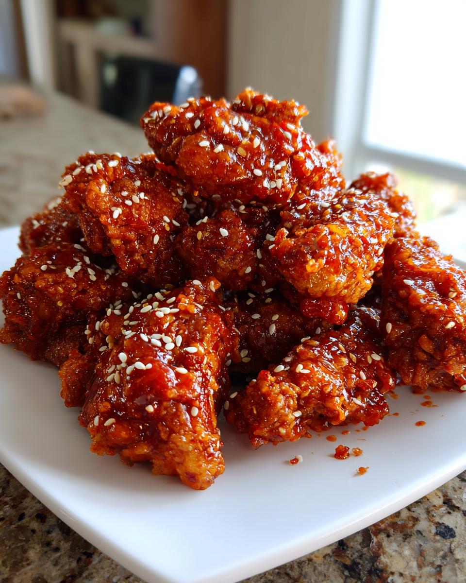A pile of crispy korean fried chicken pieces coated in a glossy, dark red sauce and sprinkled with white sesame seeds.