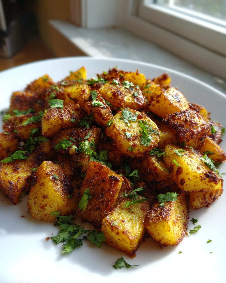 Close-up of perfectly seasoned, cubed Mexican potatoes sprinkled with fresh cilantro on a white plate.