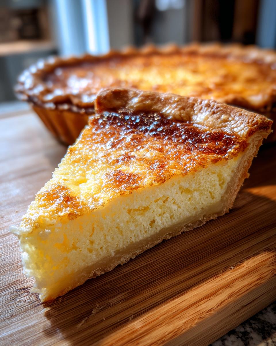 A close-up slice of creamy custard pie with a beautifully browned, slightly caramelized top, resting on a wooden board.