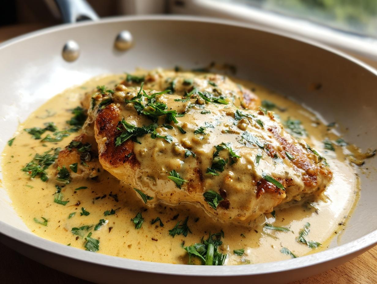 Two pan-seared chicken breasts covered in a creamy, yellow Dijon sauce and fresh parsley.