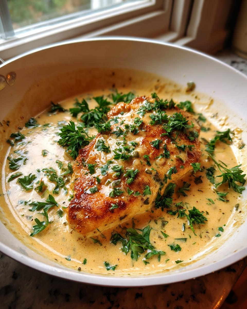 A perfectly seared piece of dijon chicken breast swimming in a creamy, herb-flecked sauce in a white skillet.
