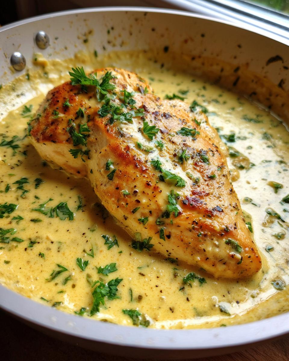 A golden-brown chicken breast simmering in a creamy, yellow dijon chicken sauce, garnished with fresh parsley.