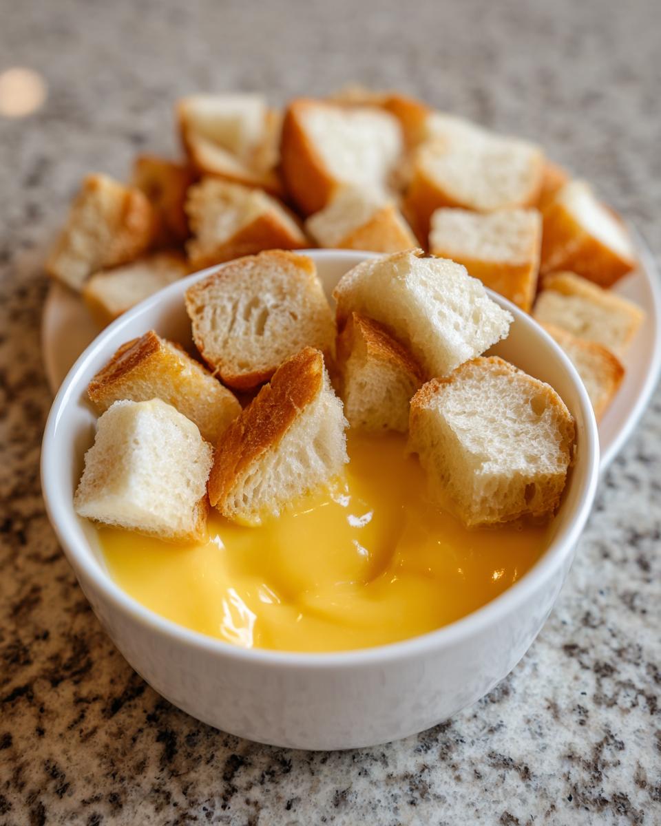 Close-up of crusty bread cubes being dipped into creamy, yellow cheese fondue in a white bowl.
