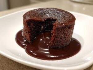 A single serving of rich chocolate pudding cake with a piece removed, revealing a gooey, molten center sauce.
