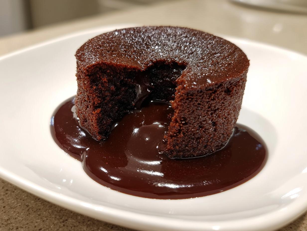 A single serving of rich chocolate pudding cake with a piece removed, revealing a gooey, molten center sauce.