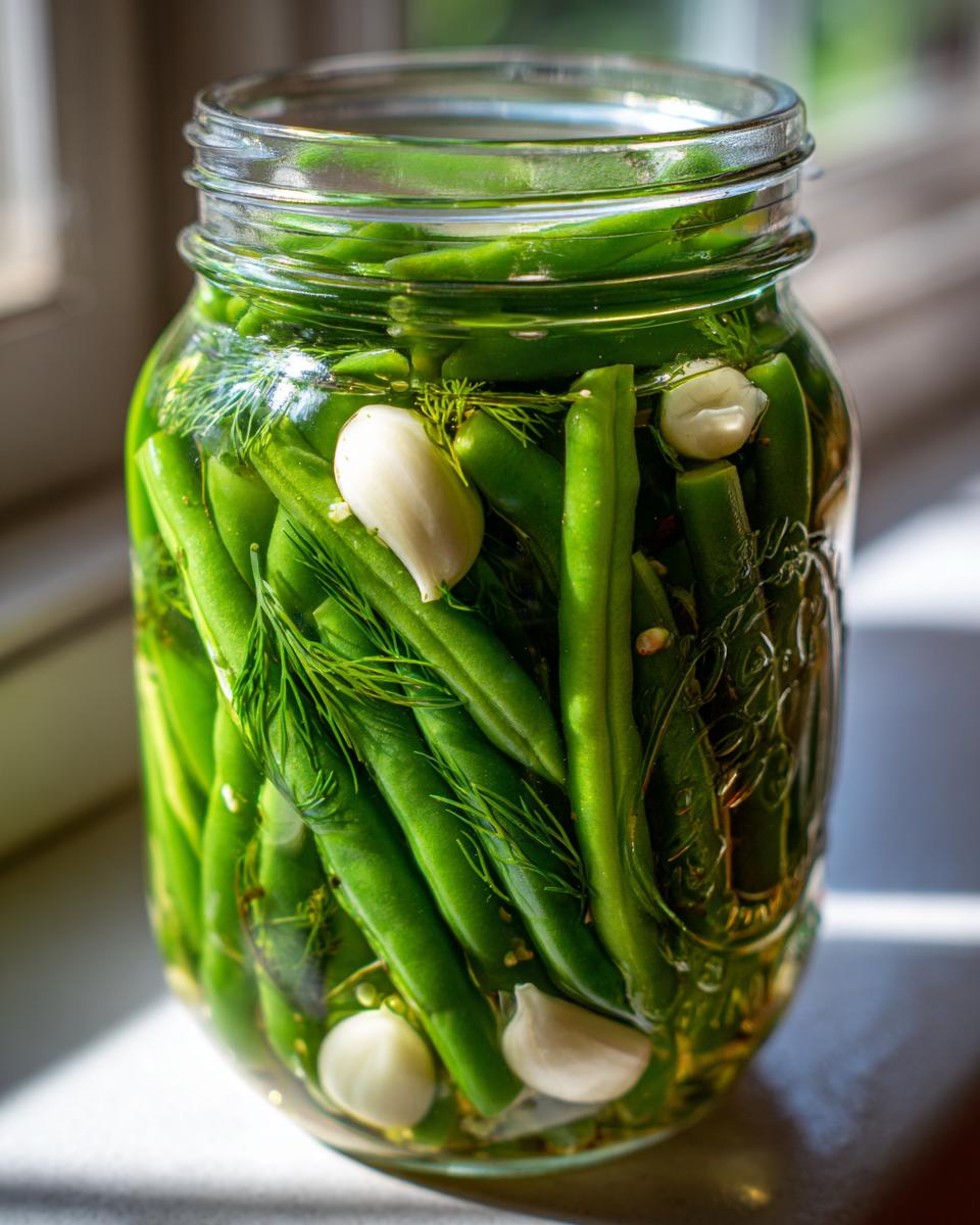 Close-up of fresh green dilly beans packed tightly in a canning jar with garlic cloves and fresh dill fronds.