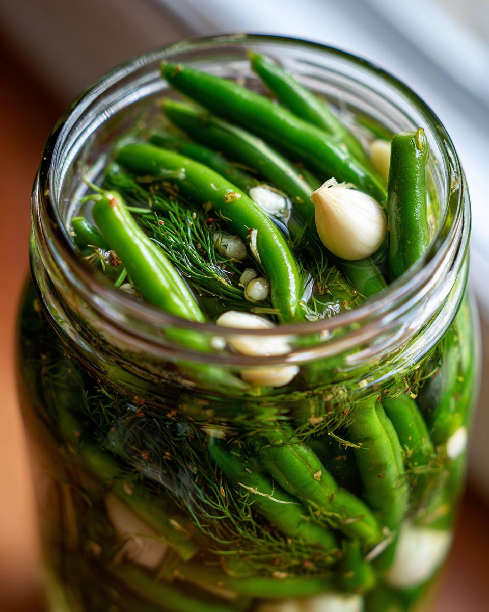 Close-up of fresh green beans, dill, and garlic cloves being pickled to make dilly beans in a glass jar.