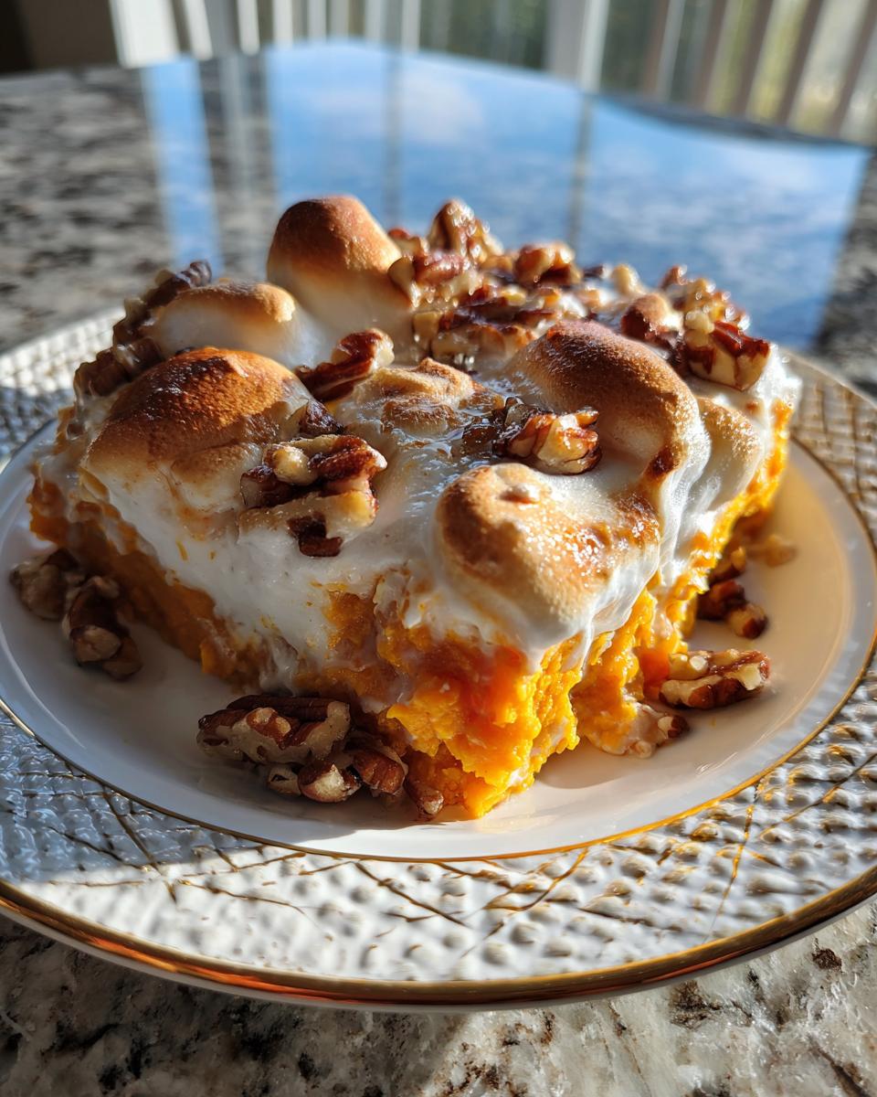 A close-up of an easy sweet potato casserole slice topped with toasted marshmallows and pecans.