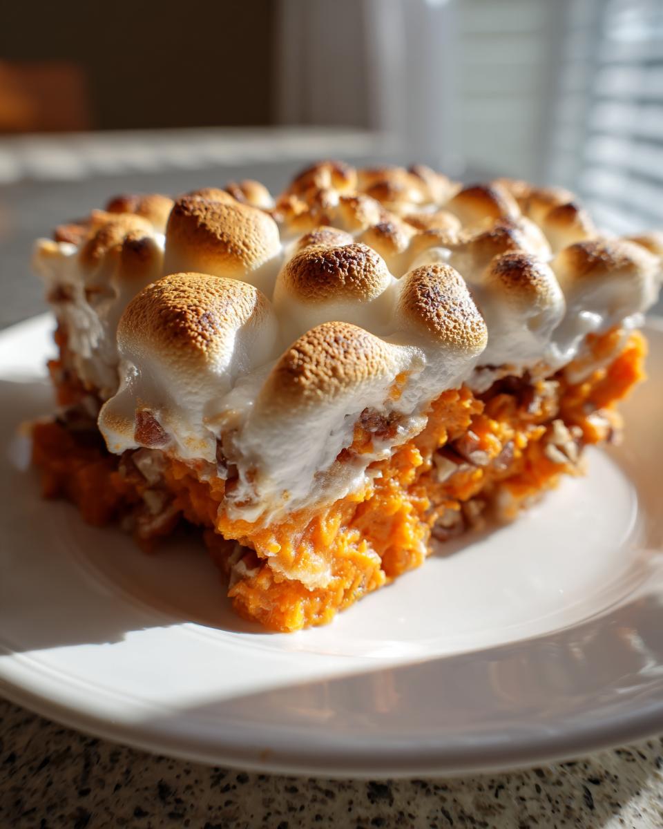 A close-up of a serving of easy sweet potato casserole topped with toasted marshmallows.
