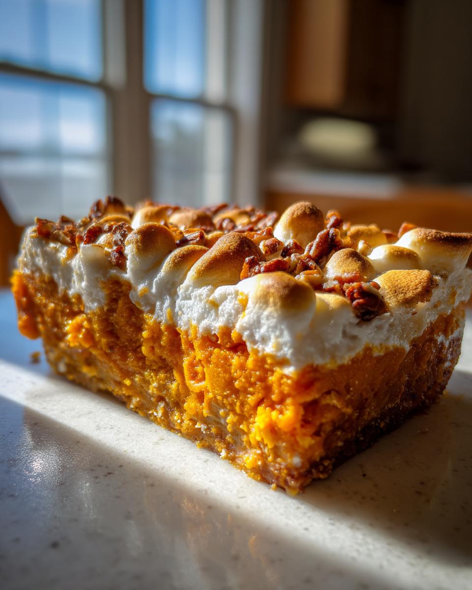 Close-up of a rich slice of easy sweet potato casserole topped with toasted marshmallows and pecans.