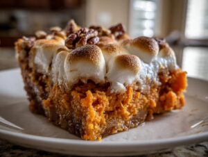 A close-up slice of easy sweet potato casserole topped with toasted marshmallows and pecans on a white plate.