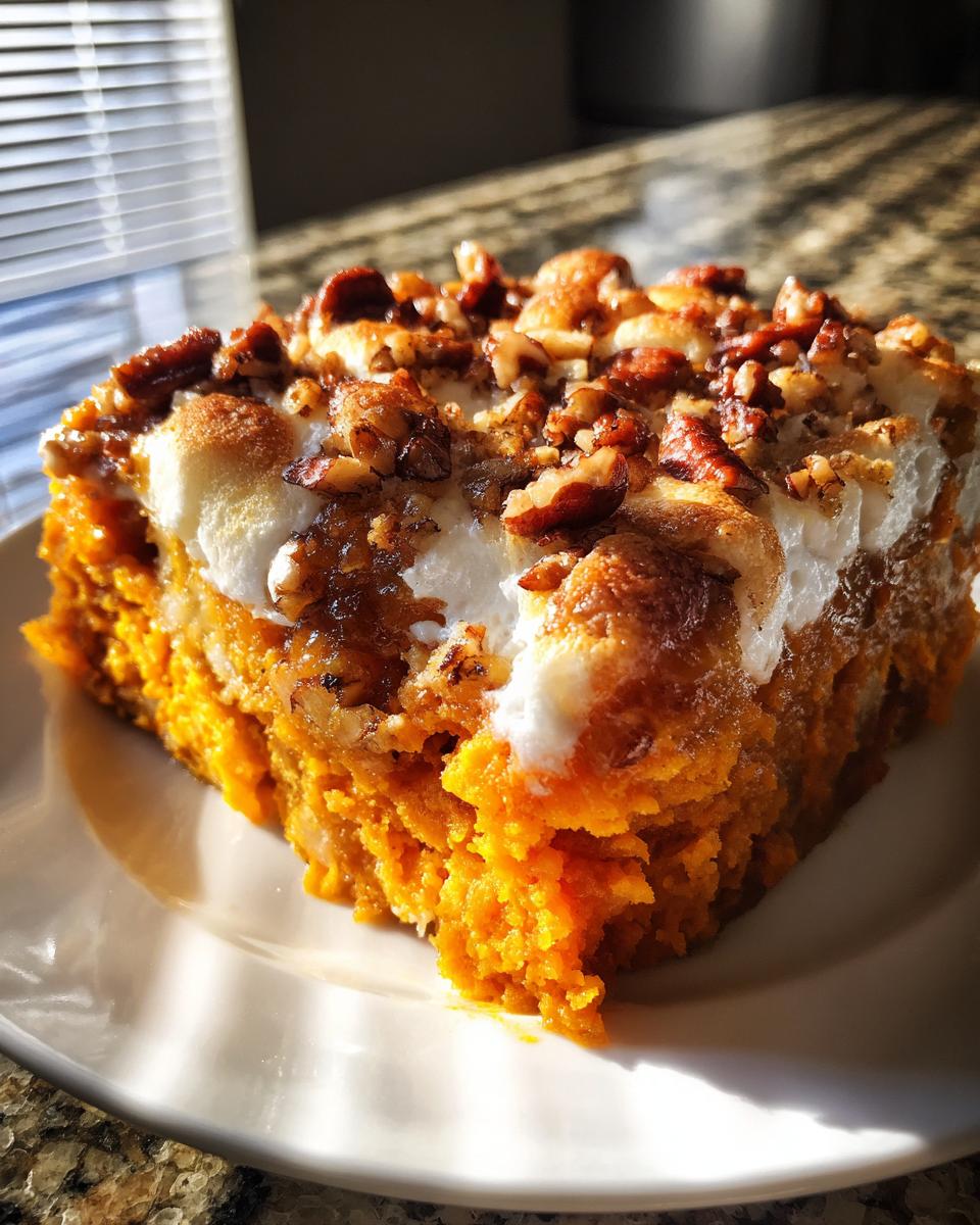A close-up slice of bright orange easy sweet potato casserole topped with toasted marshmallows and pecans.