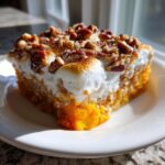 A close-up slice of easy sweet potato casserole topped with toasted meringue and pecans on a white plate.
