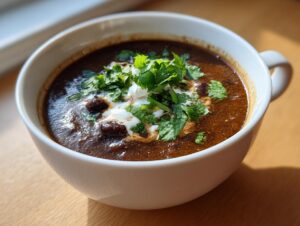 Close-up of a hearty bowl of dark, rich black bean soup garnished with a dollop of sour cream and fresh cilantro.