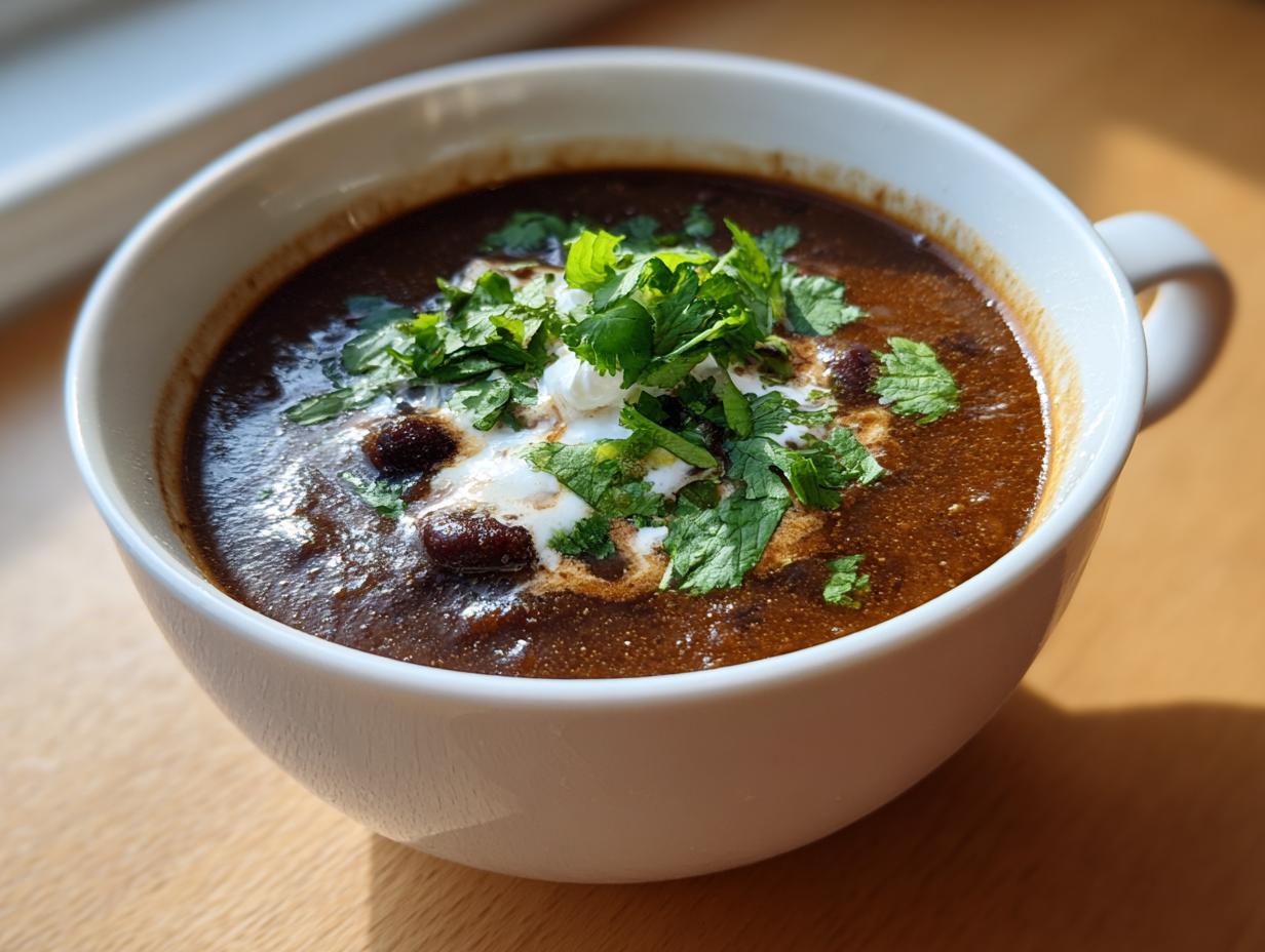 Close-up of a hearty bowl of dark, rich black bean soup garnished with a dollop of sour cream and fresh cilantro.