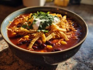 A close-up of a hearty bowl of chicken tortilla soup, topped with sour cream, cilantro, cheese, and crispy tortilla strips.