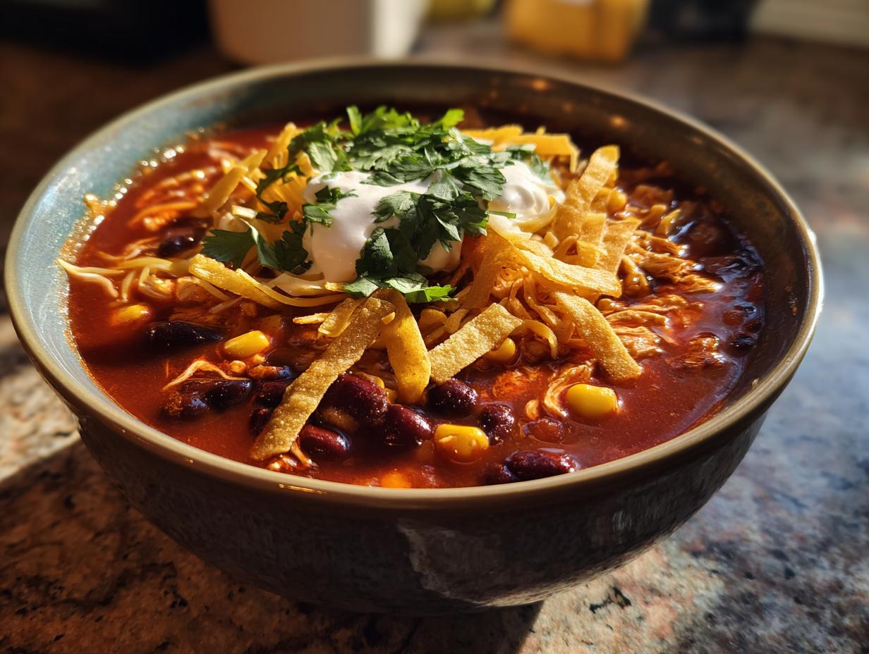 A close-up of a hearty bowl of chicken tortilla soup, topped with sour cream, cilantro, cheese, and crispy tortilla strips.