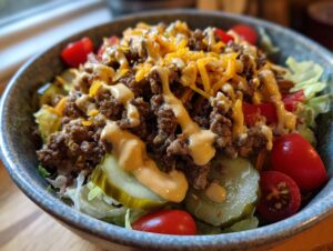 A close-up view of a delicious cheeseburger bowl featuring seasoned ground beef, shredded cheddar, pickles, tomatoes, and a creamy sauce over lettuce.