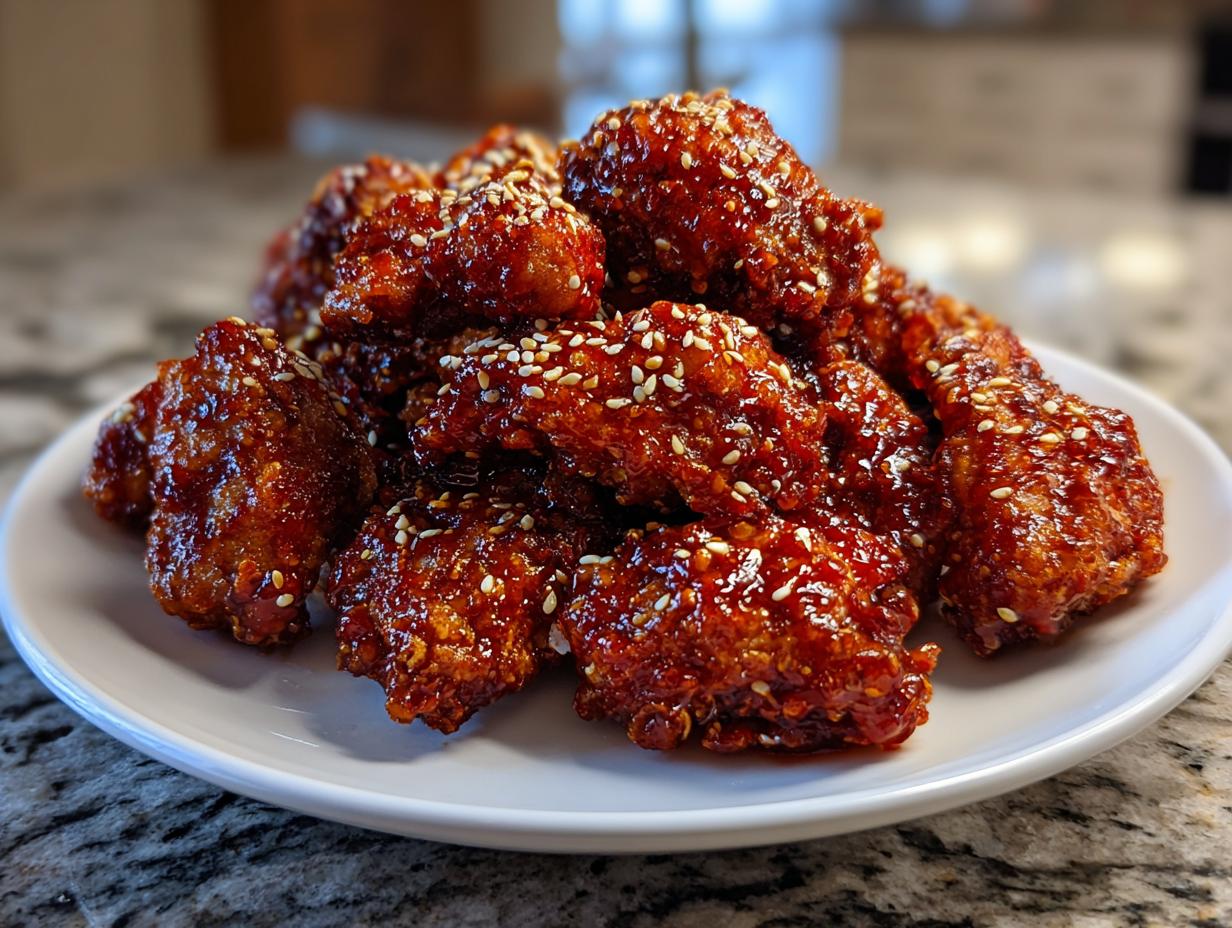 A pile of crispy korean fried chicken pieces coated in a glossy, dark red sauce and sprinkled with white sesame seeds.