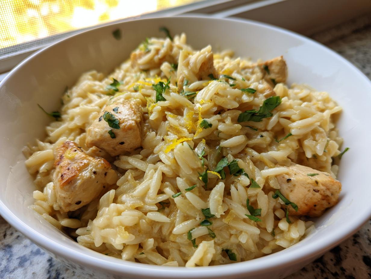 Close-up of a bowl of creamy lemon chicken orzo, topped with fresh parsley and lemon zest.