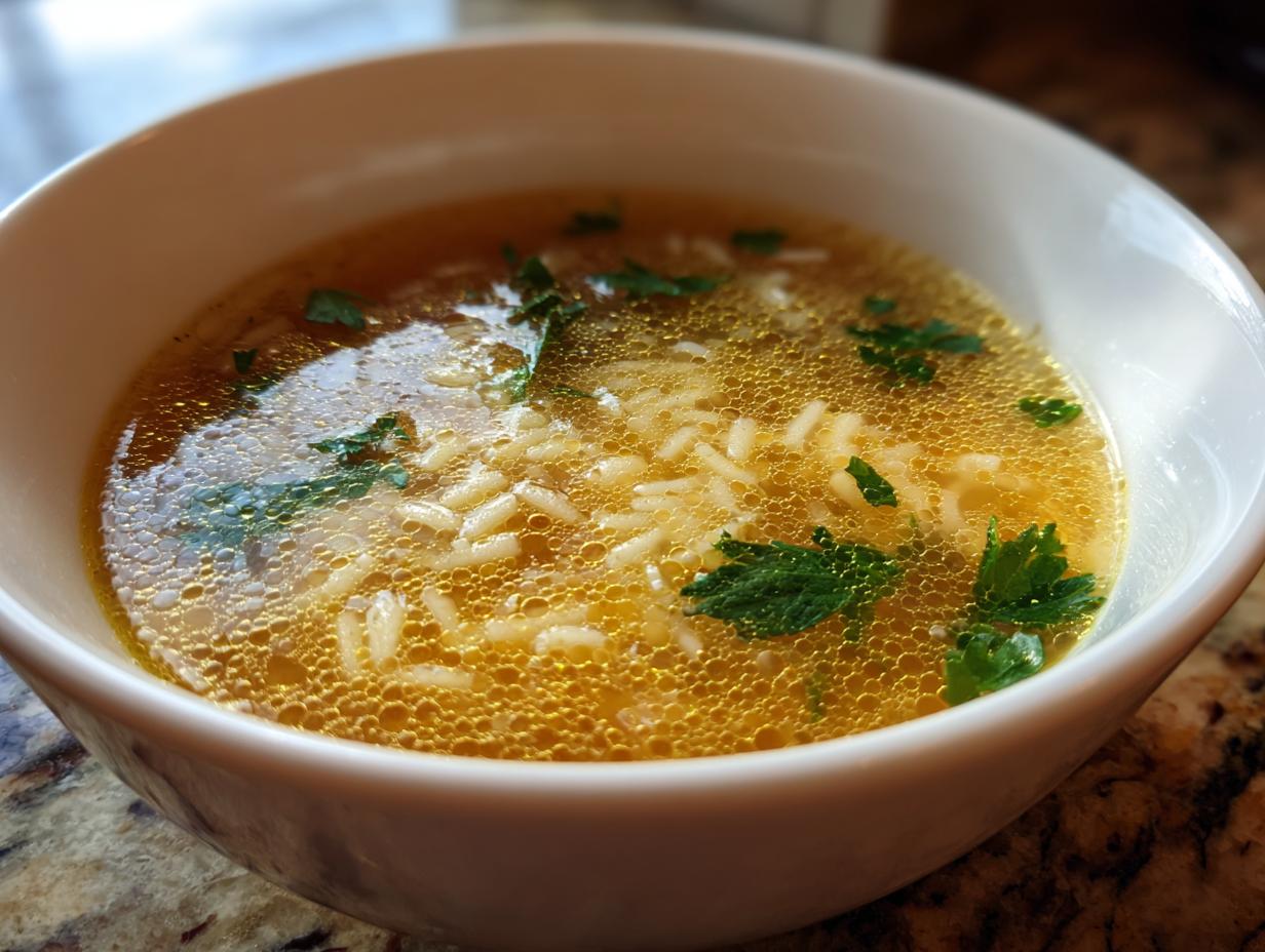 A close-up view of hot pastina soup with small pasta, rich broth, and fresh parsley garnish in a white bowl.
