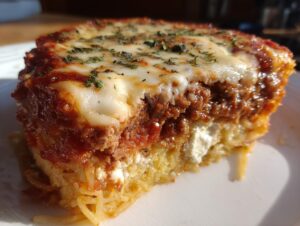 Close-up of a thick slice of baked spaghetti pie showing layers of pasta, meat sauce, ricotta, and melted mozzarella cheese topping.