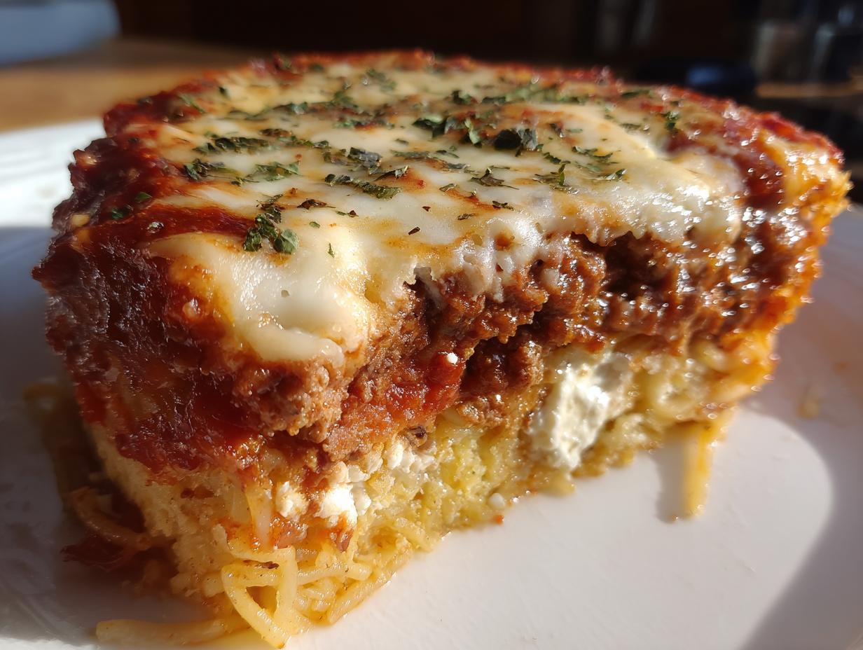 Close-up of a thick slice of baked spaghetti pie showing layers of pasta, meat sauce, ricotta, and melted mozzarella cheese topping.