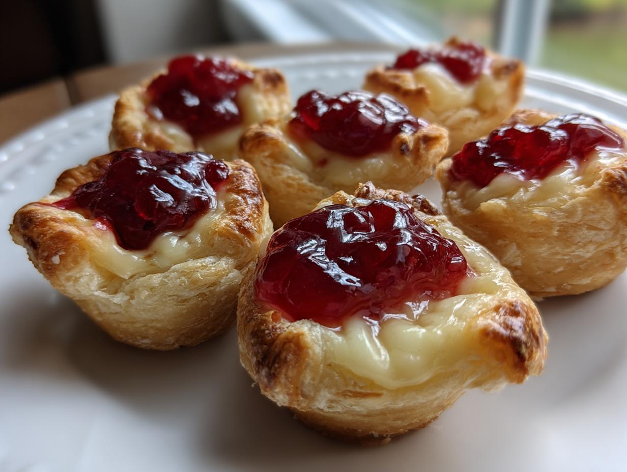 Five baked brie bites made with puff pastry, melted brie, and topped with bright red jam.