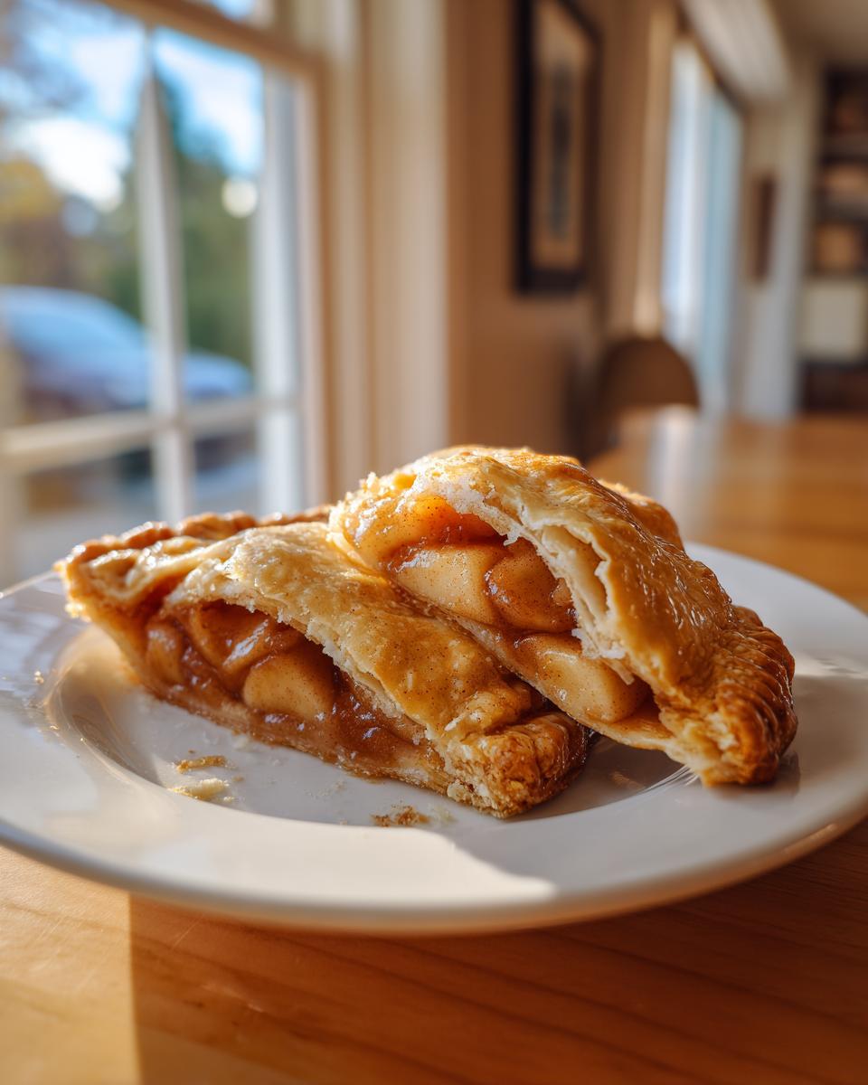 Two halves of flaky apple pie cookies filled with cinnamon apples, resting on a white plate.