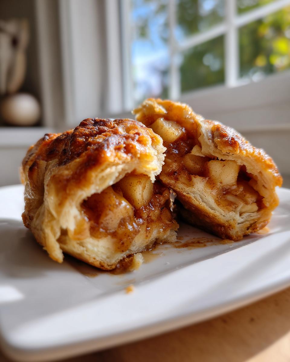 Two halves of a baked apple pie cookies showing flaky pastry and cinnamon apple filling.